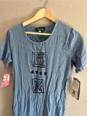 NWT Frox SP Long 100% Tensel fabric Light Blue Short Sleeve Box-Print Dress